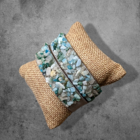 C1 Unique Natural Gemstone Double Wrap Bracelet Aqua Seafoam Green Mint Blue - Picture 3 of 17